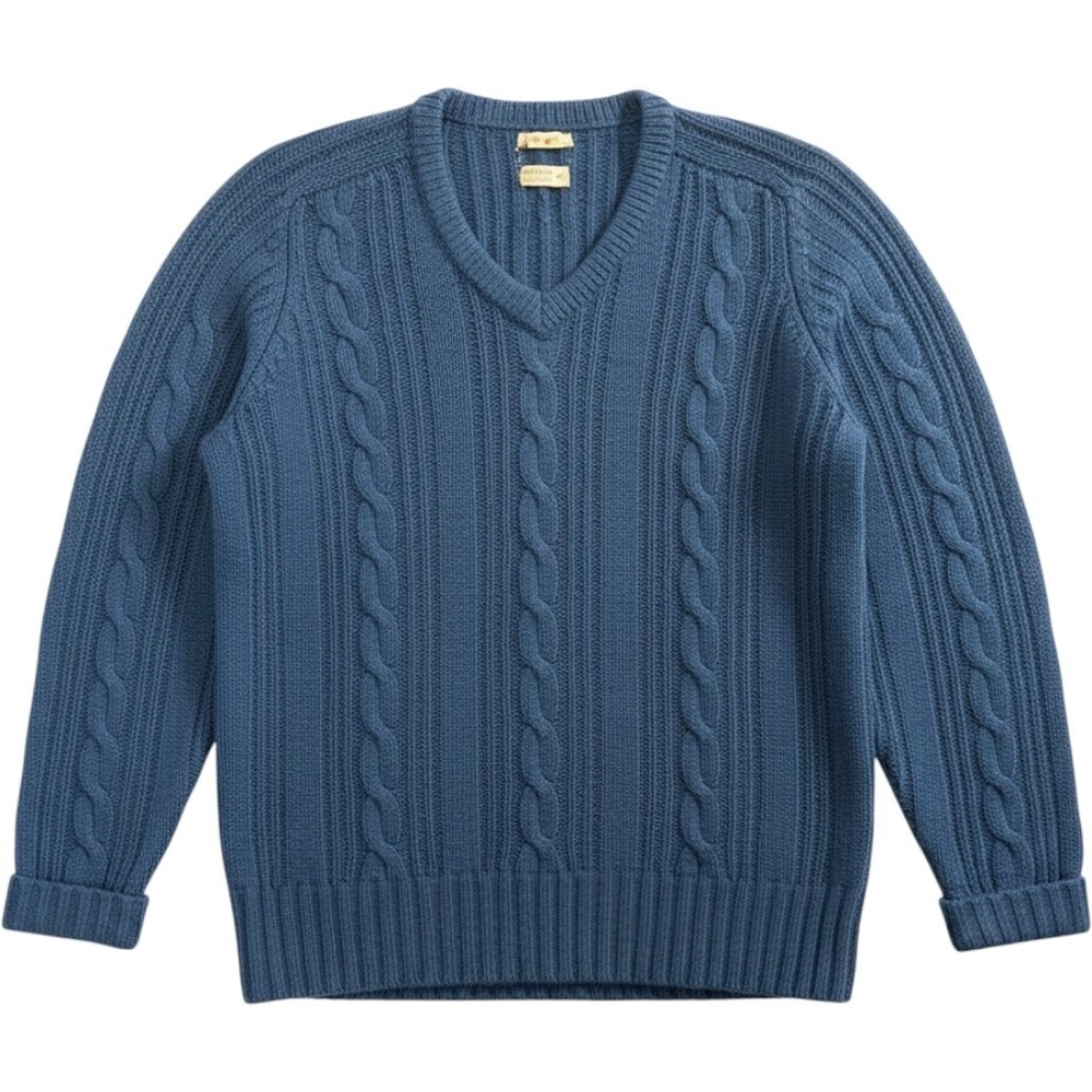 Alan Paine Mens Blue Shetland Wool Cable Knit V-Neck Sweater Made in England 46
